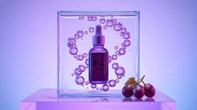 Surreal sensory botanical wellness still life with an unbranded glass serum bottle, tactile organic textures, vivid colors and cinematic light. AI Generated.