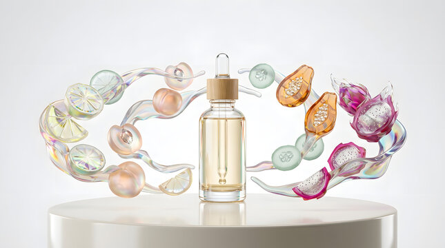 Surreal sensory botanical wellness still life with an unbranded glass serum bottle, tactile organic textures, vivid colors and cinematic light. AI Generated.