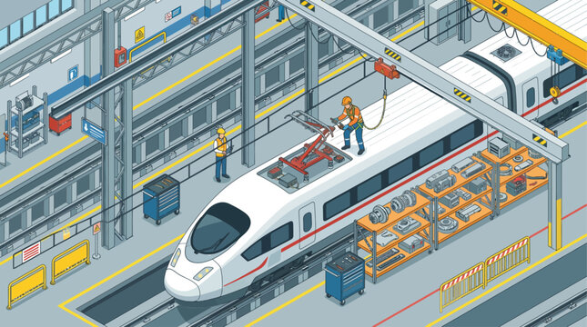 Isometric high speed train maintenance depot with engineers repairing pantograph in factory workshop