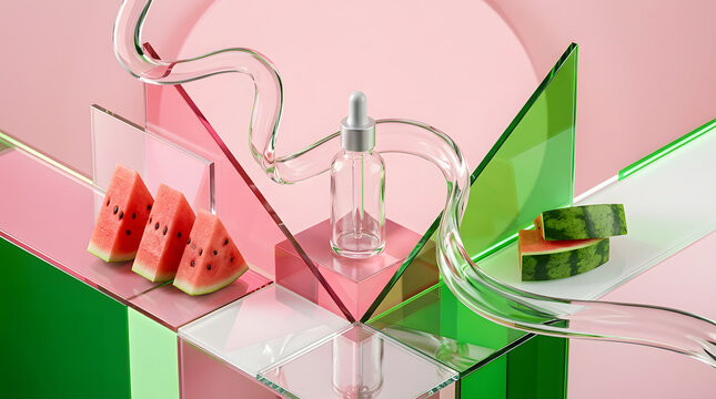 Surreal sensory botanical wellness still life with an unbranded glass serum bottle, tactile organic textures, vivid colors and cinematic light. AI Generated.