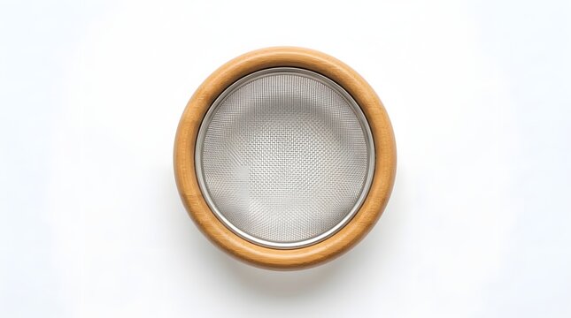 Top View of a Round Wooden Sieve with Metallic Mesh for Kitchen Preparation