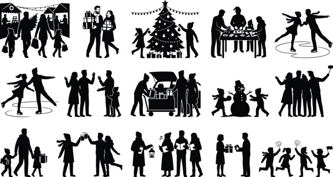 Set of black silhouettes depicting family and friends enjoying winter and Christmas holiday activities together