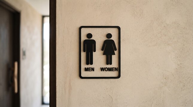 Modern black framed restroom sign for Men and Women mounted on a textured beige plaster wall.