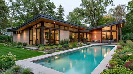 Fototapeta premium Modern architectural design of a stylish home with swimming pool amidst lush greenery in a peaceful residential area