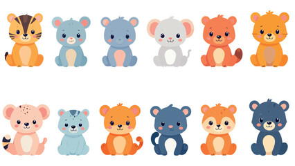 Obraz premium adorable collection of soft stuffed animal toy cartoon characters in gray, blue, and orange tones, charming children illustration perfect for nursery concepts
