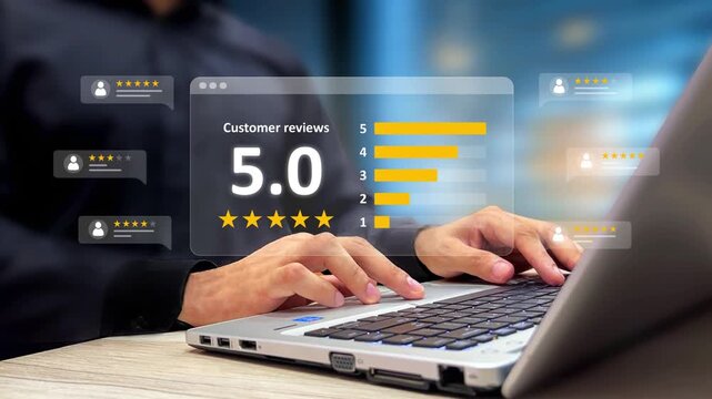 Customer Review, Online Rating, User Testimonial Concept. User Writing 5 Star Feedback on Laptop. Customer Satisfaction, Service Evaluation, Digital Experience, Quality Assessment, Business Trust