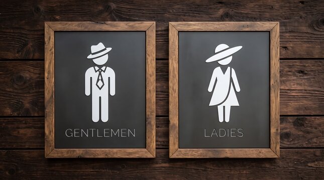 Vintage wooden framed restroom signs for Gentlemen and Ladies with stylish hat pictograms on a rustic dark wood wall.