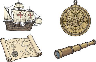 Vintage Maritime Exploration Vector Set Featuring Historical Caravel Sailing Ship Astrolabe Navigation Tool Old Treasure Map and Brass Spyglass Telescope © Shahanaj