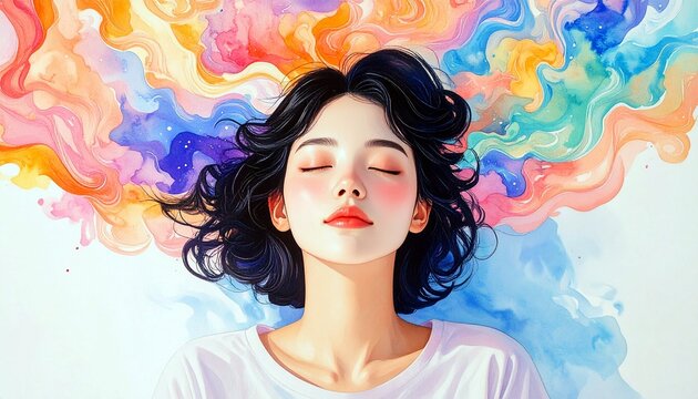 Woman with colorful imagination in watercolor style
