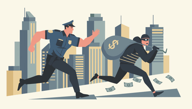Brave police officer in uniform chases a masked burglar who is running away with a sack of stolen money in the city.
