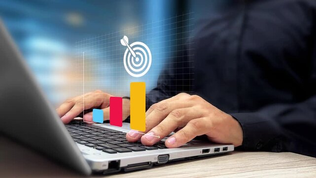 Business Plan and Strategy Concept. Milestones, Targets, Strategic Planning, Goals and Growth Roadmap. Businessman Tracking Performance Business on a Laptop. Business Analytics, Future Projects, KPI