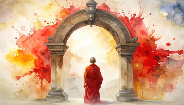 Spiritual Buddhist Monk Standing Before a Stone Arch with Vibrant Watercolor Paint Splashes and Copy Space for Text
