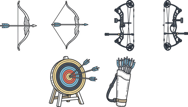 Archery Equipment and Sport Vector Icon Set Featuring Longbows Compound Bows Bullseye Target Stand and Arrow Quiver Elements