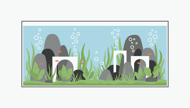 Colorful indoor aquarium design featuring green aquatic plants, dark grey rocks, and white arches for tiny fish.