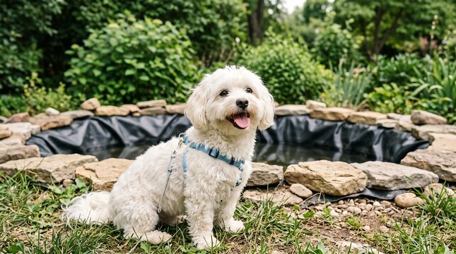 Cute small white Maltese dog wearing a blue harness sitting panting happily by a stone garden pond outdoors.