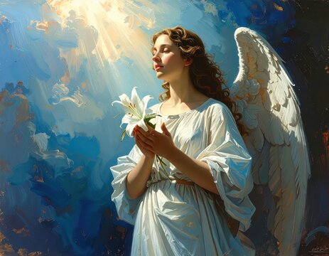 Angelic Being with White Wings Holding a Lily Under Divine Light Rays, Painterly Background with Copy Space