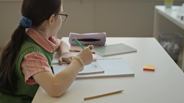 Caucasian child wearing glasses sitting at desk, writing in notebook and flipping pages during class. Clip is perfect for K12 education marketing and school curriculum promotions