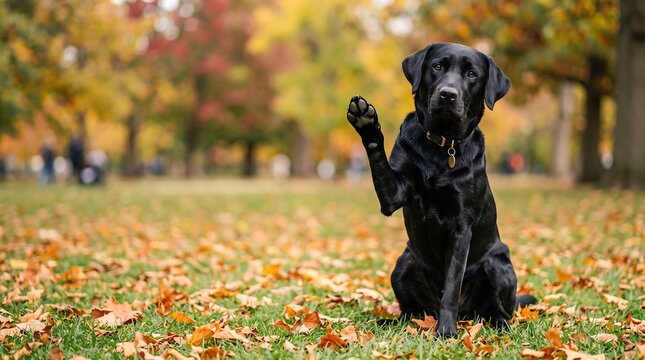 Black labrador retriever raising a paw in a friendly wave while sitting on fallen autumn leaves in a park.