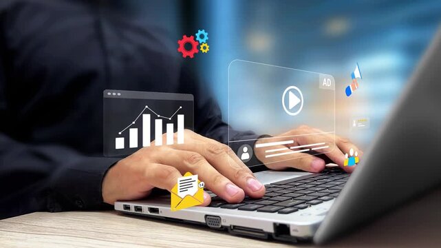 Personal Branding, Social Media Advertising, Audience Targeting Concept, Entrepreneur Managing Ad Campaigns on Laptop. Digital Marketing Strategy, Brand Identity, Marketing Analytics, Online Promotion
