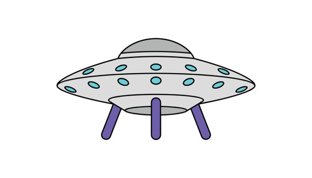 Alien spaceship flying saucer with glowing blue windows and three purple legs stands isolated on a plain white background.