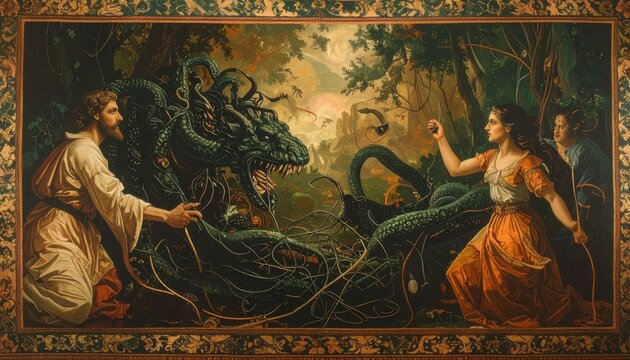 Epic Classical Painting Depicting a Hero Battling a Multi-Headed Forest Monster with Copy Space, Mythological Legend Scene in Tapestry Style
