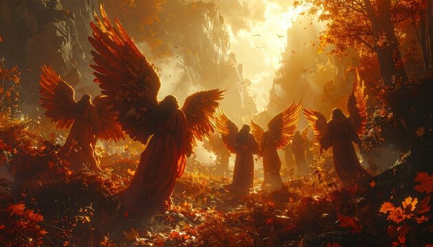 Heavenly Gathering of Golden Angels in a Mystical Autumn Forest Canyon with Ethereal Sunlight and Ample Copy Space for Text
