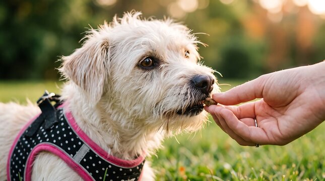 Person hand-feeding a treat to a small cute scruffy white dog wearing a pink harness in a sunny park outdoors.