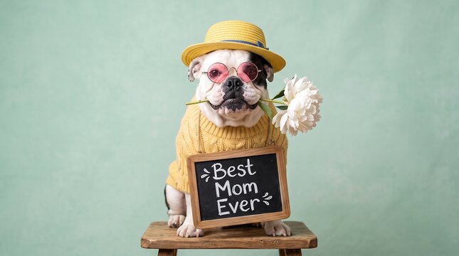Cute English bulldog wearing a straw hat, pink sunglasses, and yellow sweater holding a white flower, sitting with a "Best Mom Ever" sign.