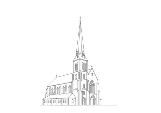 Architectural line drawing of a traditional gothic church building