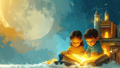 Fototapeta premium Magical illustration of children reading a glowing book under a large moon and fantasy castle with ample copy space for text and storytelling designs.