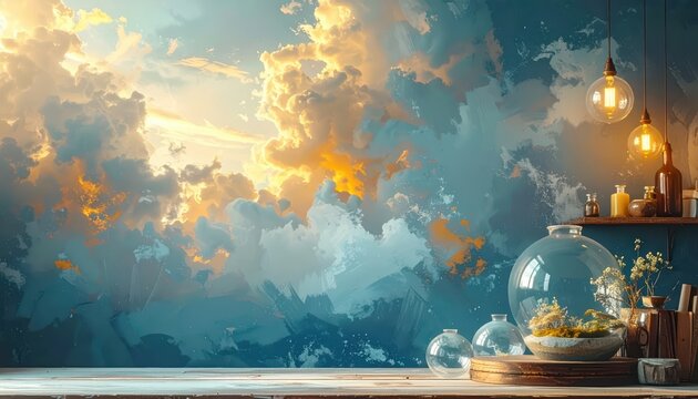 Dreamy Artistic Interior with Painted Cloud Mural, Glass Terrariums, and Vintage Hanging Light Bulbs on Wooden Table with Copy Space