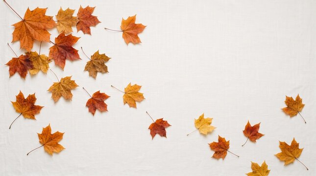 Autumn maple leaves on neutral background. Fall foliage flat lay with copy space.