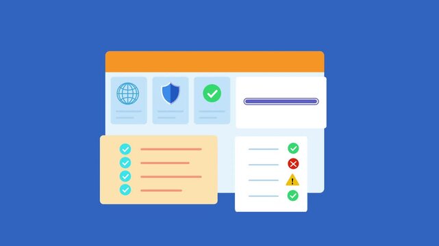 Minimal animated security dashboard interface featuring cybersecurity monitoring, shield protection, verification status, threat alerts, and workflow panels. Modern motion graphic for network security