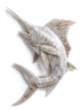 Intricate White And Beige Ceramic Sailfish Sculpture On A Clean White Background