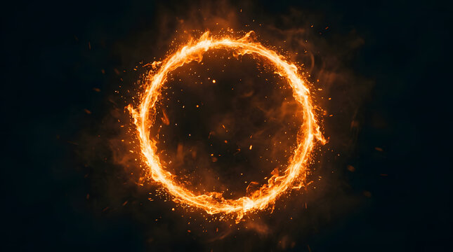 Fiery ring of flames with glowing sparks and smoke on black background