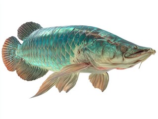 Fototapeta premium Iridescent Blue And Gold Arowana Fish Swimming Against A Clean White Background
