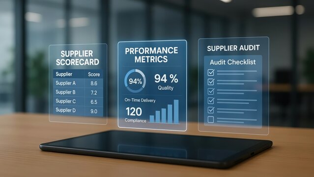 Digital dashboard for supplier performance management with metric and scorecard data visualization on tablet