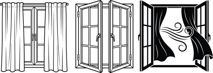 Obraz premium Three stages of opening modern white French doors with curtains blowing in wind