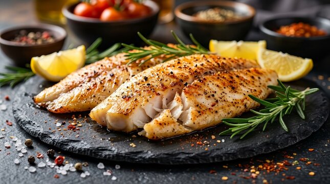 Gourmet lemony baked Pangasius fish fillets with spices and herbs on a slate background.