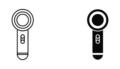 Modern handheld facial cleansing device with circular brush head in outline and solid black vector icons for skincare beauty routine and cosmetic technology product interface design © TARU STOCKPLC