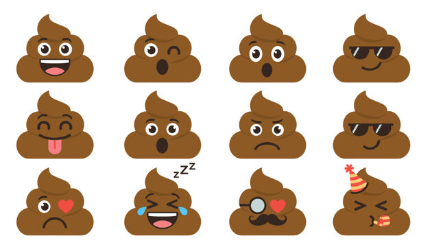 Set of cute poop emojis with various funny facial expressions including happy, angry, sleeping, and partying characters.