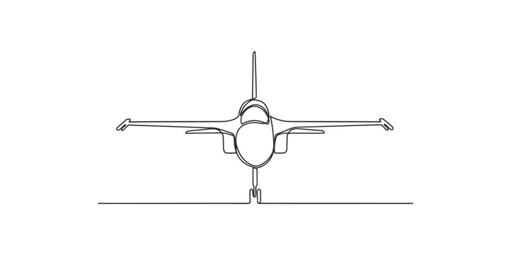 Continuous single line drawing of a military fighter jet plane front view