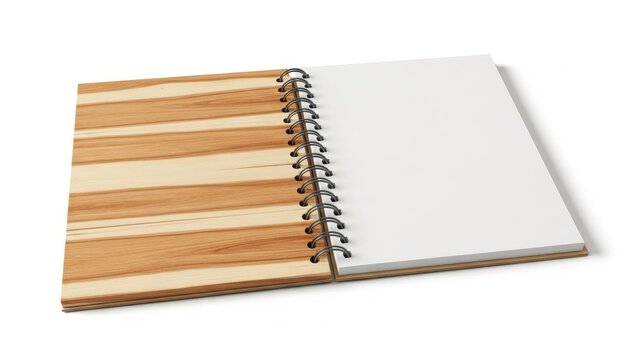 Open spiral notebook with blank pages on top of wooden stack
