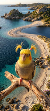 a funny parrot on the beach