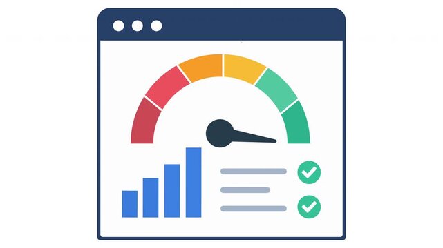 Business performance dashboard flat vector animation with speedometer gauge and bar chart video concept
