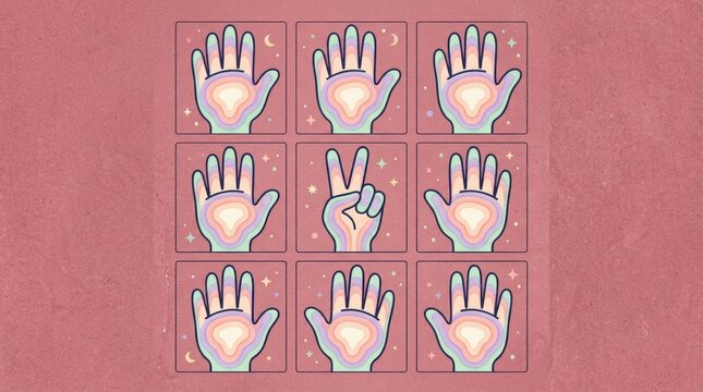 Cosmic hand gesture grid design with glowing colorful aura stickers for creative