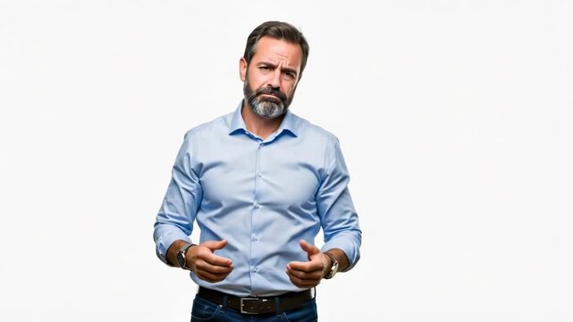Middle aged man showing a gesture of frustration and rejection with his hand