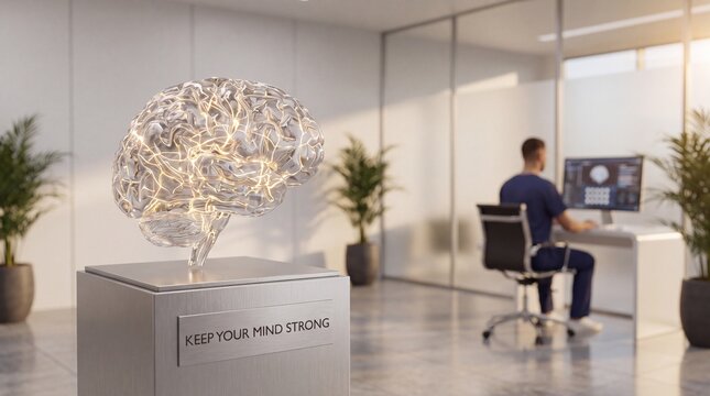 Glowing neural brain sculpture with sculpture pedestal motivational motivational slogan modern showcases glowing glass