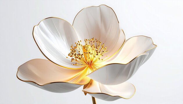 Luxury Botanical Flower with Smooth Petals and 24K Gold Outline Detailing Isolated on White Background
