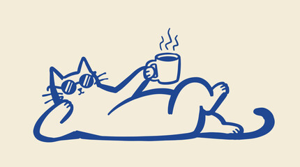 Cool cat with sunglasses drinking coffee doodle vector illustration